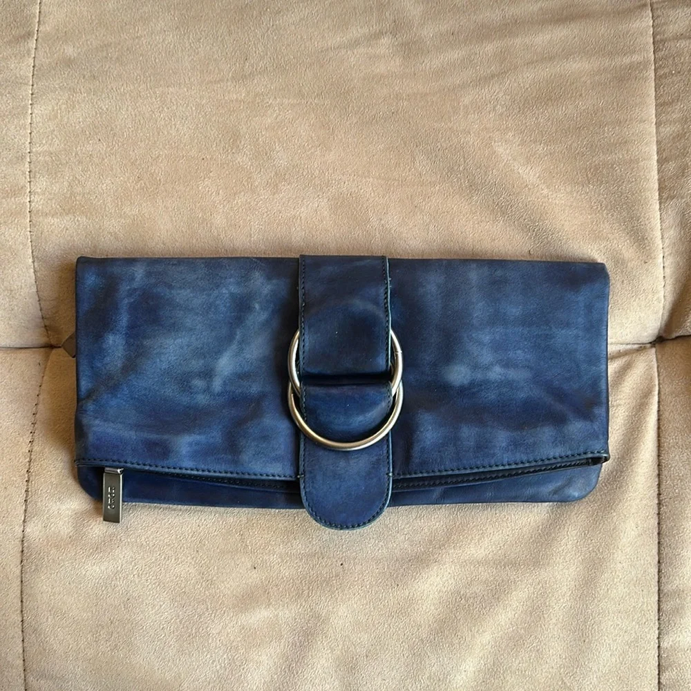 HOBO International MADELINE Soft Blue Leather Foldover Clutch Bag w/ Buckle